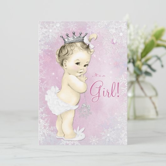 Roze Sneeuwvlok Meisjes Winter Wonderland Baby sho Kaart (Staand voorkant)