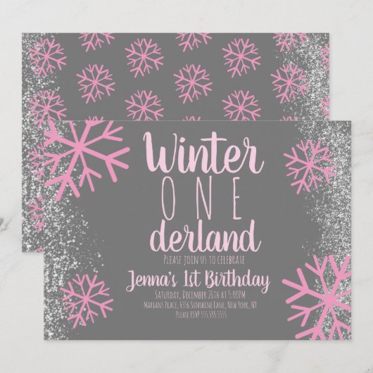 Roze Sneeuwvlok Sneeuwige Script Eerste Verjaardag Kaart (Voorkant / Achterkant)