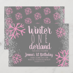 Roze Sneeuwvlok Sneeuwige Script Eerste Verjaardag Kaart