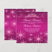 Roze Sneeuwvlok & Tiara Design Verjaardag Uitnodig Kaart (Voorkant / Achterkant)