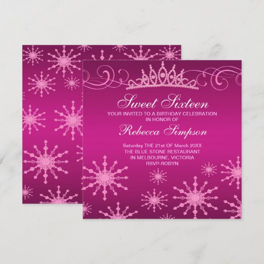 Roze Sneeuwvlok & Tiara Design Verjaardag Uitnodig Kaart (Voorkant / Achterkant)