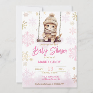 Roze Sneeuwvlok Winter Meisje Baby shower Invitati Kaart