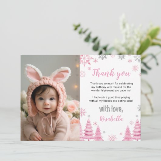 Roze Sneeuwvlok Winter Verjaardag Foto Bedankkaart (Staand voorkant)