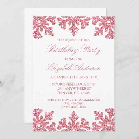 Roze Sneeuwvlok Winter Verjaardagsfeestje Kaart (Voorkant / Achterkant)