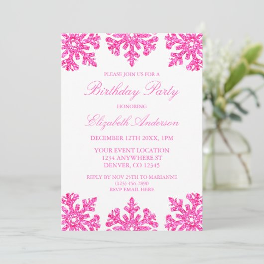 Roze Sneeuwvlok Winter Verjaardagsfeestje Kaart (Staand voorkant)