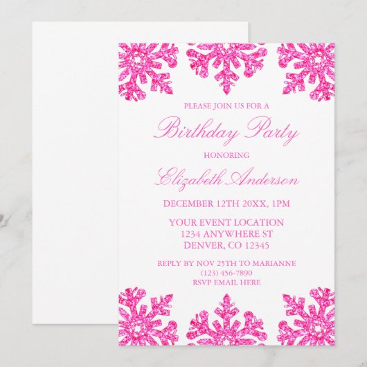 Roze Sneeuwvlok Winter Verjaardagsfeestje Kaart (Voorkant / Achterkant)