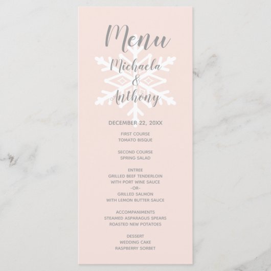 Roze Sneeuwvlok Winterhuwelijk Menu (Voorkant)
