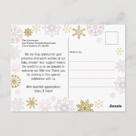 Roze Sneeuwvlokje Baby Shower Bedankkaart Briefkaart (Achterkant)