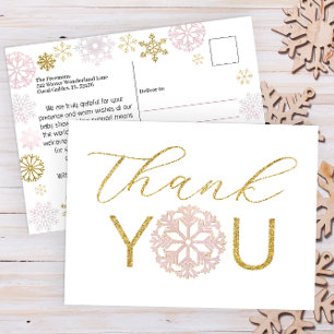 Roze Sneeuwvlokje Baby Shower Bedankkaart  Briefkaart