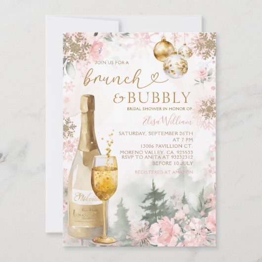 Roze sneeuwvlokken brunch en bubbelchampagne  kaart (Voorkant)