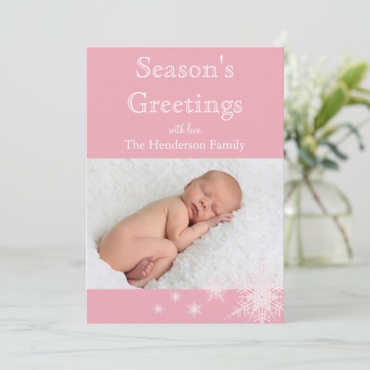 Roze Sneeuwvlokken Foto Vakantiekaart Feestdagenkaart (Staand voorkant)