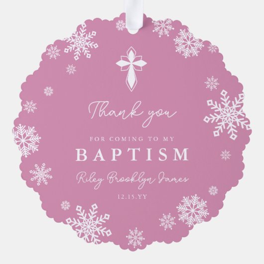 Roze Sneeuwvlokken Foto Winter Doop Dank u Ornament Kaart (Achterkant)