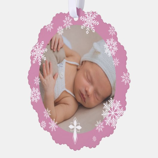 Roze Sneeuwvlokken Foto Winter Doop Dank u Ornament Kaart (Links)