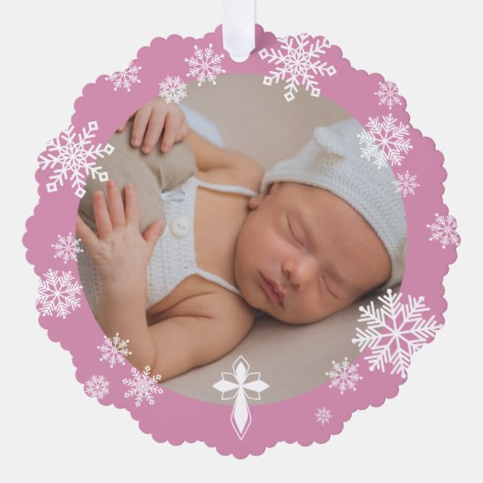 Roze Sneeuwvlokken Foto Winter Doop Dank u Ornament Kaart (Voorkant)