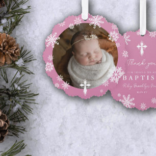 Roze Sneeuwvlokken Foto Winter Doop Dank u Ornament Kaart