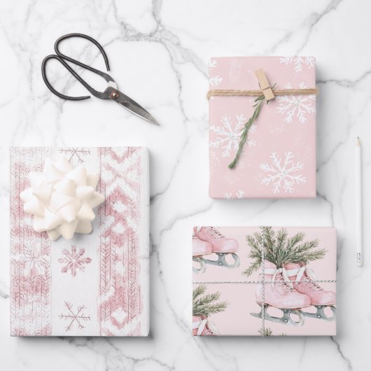 Roze Sneeuwvlokken IJs Schaatsen Kerstmis Inpakpapier Vel (Voorkant)