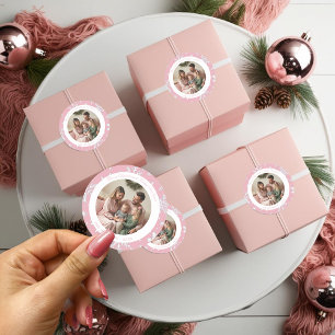 Roze Sneeuwvlokken Kerstfoto Ronde Sticker