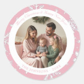  Roze Sneeuwvlokken Kerstfoto Ronde Sticker (Voorkant)