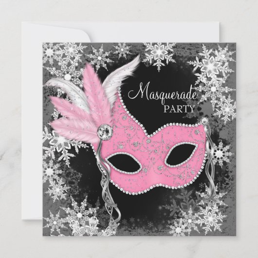 Roze Sneeuwvlokken Maskerade Feest Kaart (Voorkant)