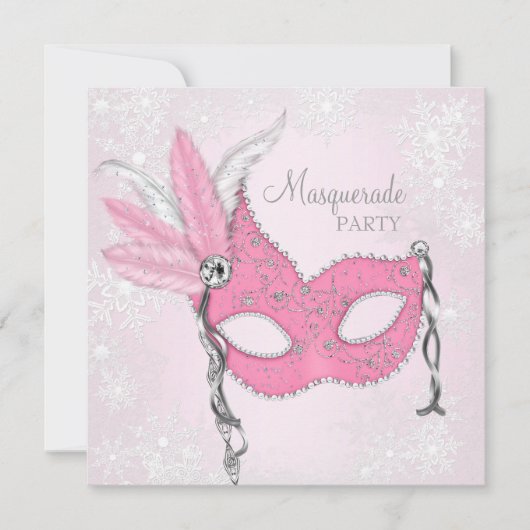 Roze Sneeuwvlokken Maskerade Feest Kaart (Voorkant)