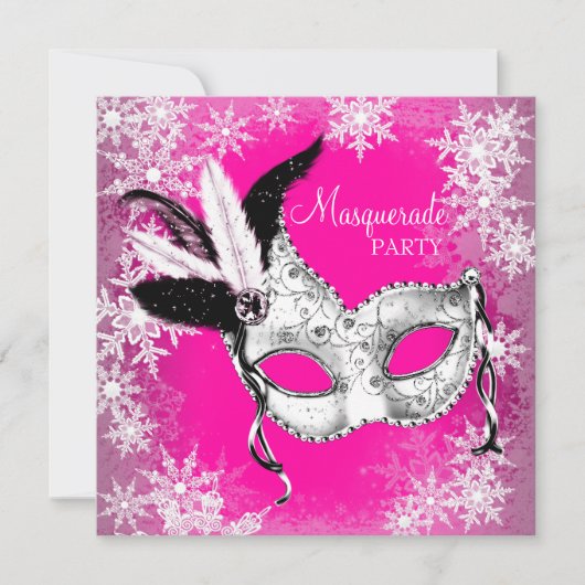 Roze Sneeuwvlokken Maskerade Feest Kaart (Voorkant)