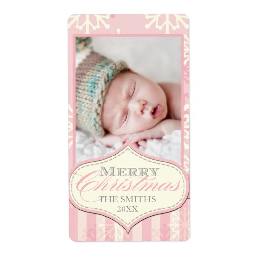 ROZE SNEEUWVLOKKEN MERRY CHRISTMAS PHOTO LABEL (Voorkant)