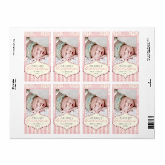 ROZE SNEEUWVLOKKEN MERRY CHRISTMAS PHOTO LABEL (Full Sheet)