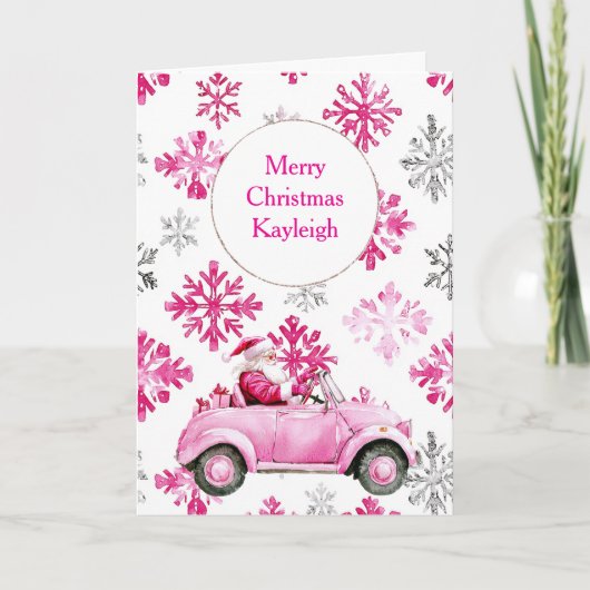 Roze Sneeuwvlokken Santa Car Kaart (Voorkant)