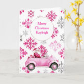 Roze Sneeuwvlokken Santa Car Kaart (Gele Bloem)