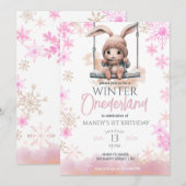 Roze Sneeuwvlokken Winter Onederland 1e Verjaardag Kaart (Voorkant / Achterkant)