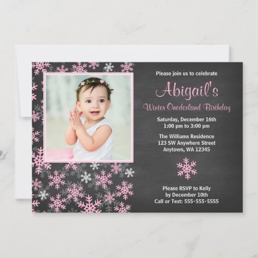 Roze Sneeuwvlokken Winter Onederland krijtbord Fot Kaart (Voorkant)