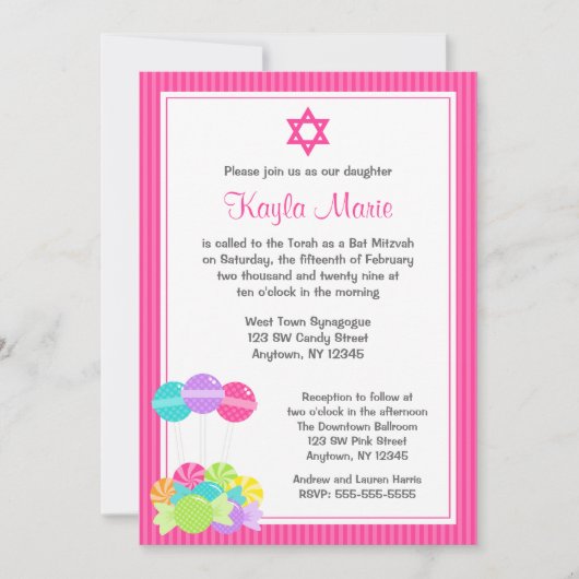 Roze Snoep Stripes Bat Mitzvah Kaart (Voorkant)