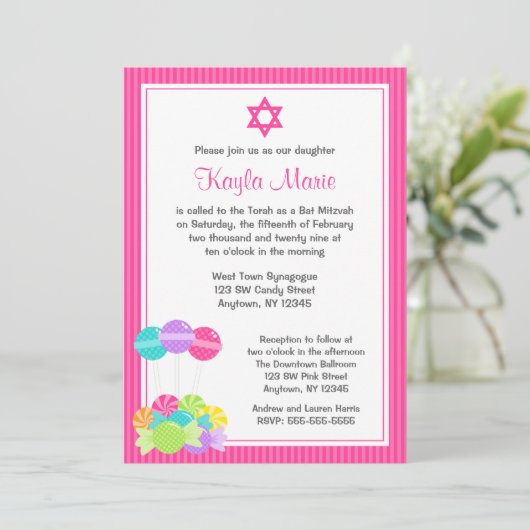 Roze Snoep Stripes Bat Mitzvah Kaart (Staand voorkant)