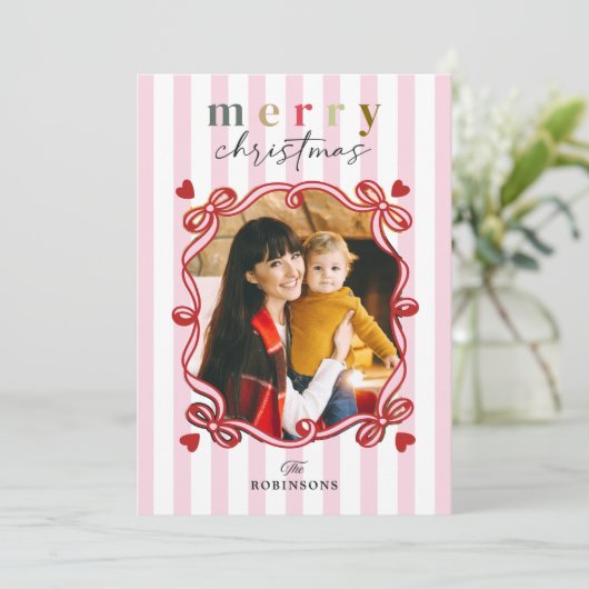 Roze Snoepjes strepen Vrolijke kerstfoto Feestdagenkaart (Staand voorkant)