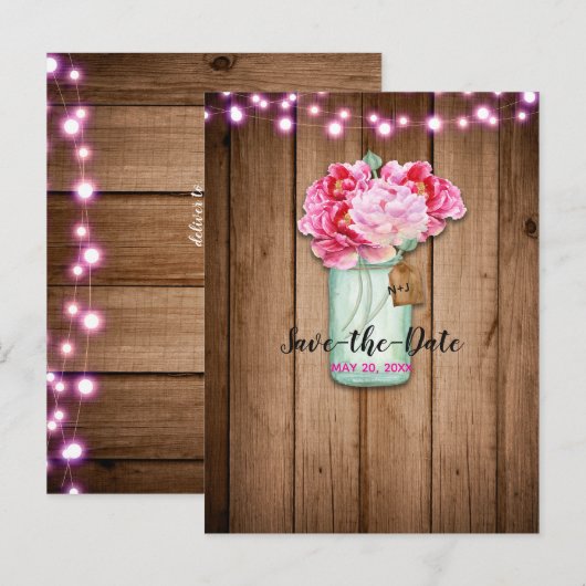 Roze snoerlampjes & Mason Jar schuur Save the Date Aankondigingskaart (Voorkant / Achterkant)