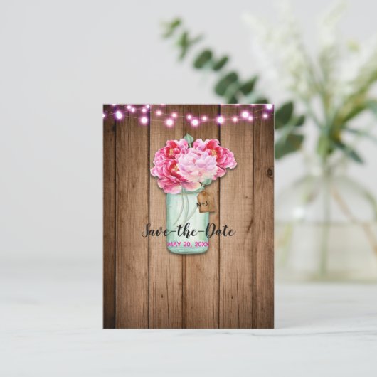Roze snoerlampjes & Mason Jar schuur Save the Date Aankondigingskaart (Staand voorkant)