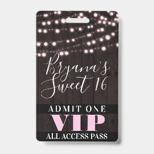 Roze snoerlichten Sweet 16-feest VIP-pas Badge