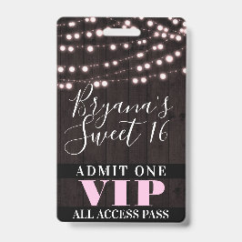 Roze snoerlichten Sweet 16-feest VIP-pas Badge