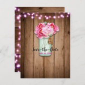 Roze snoerlichtjes & Mason pot schuur save the dat Aankondigingskaart (Voorkant / Achterkant)