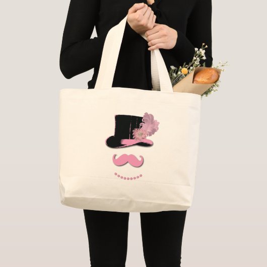 Roze snor, bovenste hoed, veren en bloem grote tote bag (Voorkant (product))