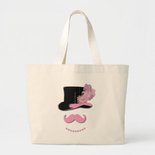 Roze snor, bovenste hoed, veren en bloem grote tote bag