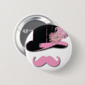 Roze snor, bovenste hoed, veren en bloem ronde button 5,7 cm (Voorkant /achterkant)