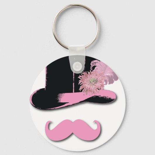 Roze snor, bovenste hoed, veren en bloem sleutelhanger (Voorkant)