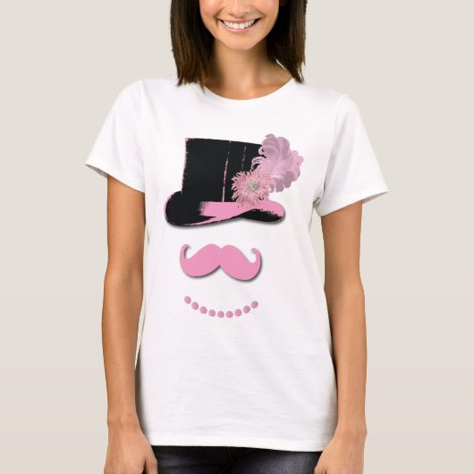Roze snor, bovenste hoed, veren en bloem t-shirt (Voorkant)