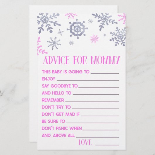 Roze Snowflake Advice Baby shower Spel Activiteit Briefpapier (Voorkant / Achterkant)