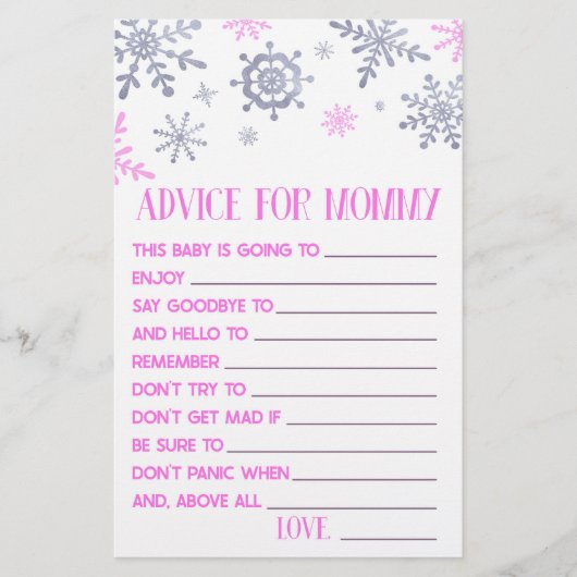 Roze Snowflake Advice Baby shower Spel Activiteit Briefpapier (Voorkant)