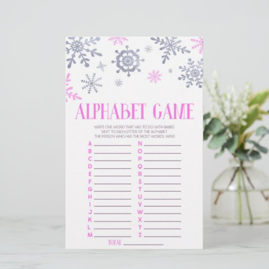 Roze Snowflake Alphabet Baby shower Game Briefpapier (Staand voorkant)