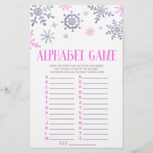 Roze Snowflake Alphabet Baby shower Game Briefpapier (Voorkant)