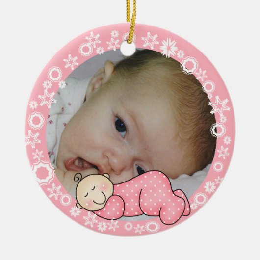 Roze Snowflake Baby 1e kerstversiering Keramisch Ornament (Voorkant)