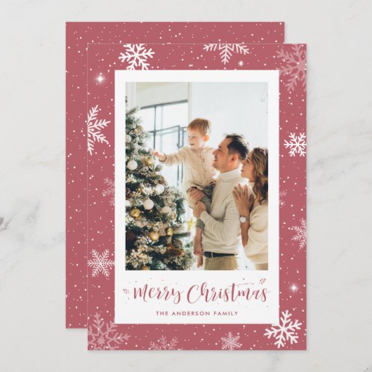 Roze Snowflake Kaart met kerstfoto's (Voorkant / Achterkant)